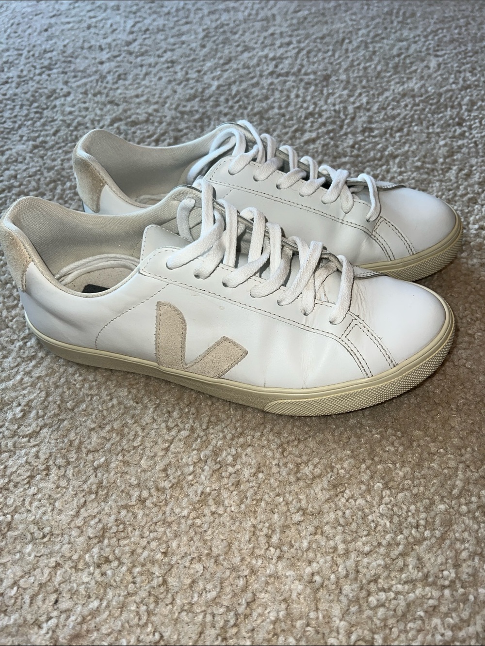 Veja White Leather Sneakers with Beige V Logo